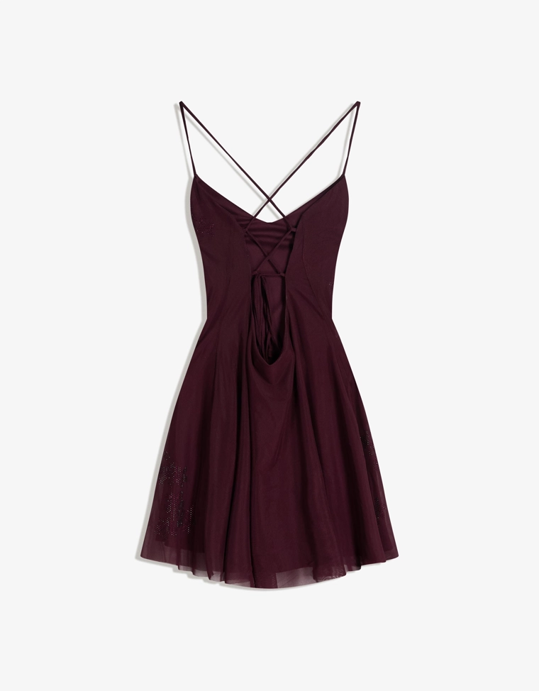 Мини-платье из полупрозрачной ткани на бретелях со стразами