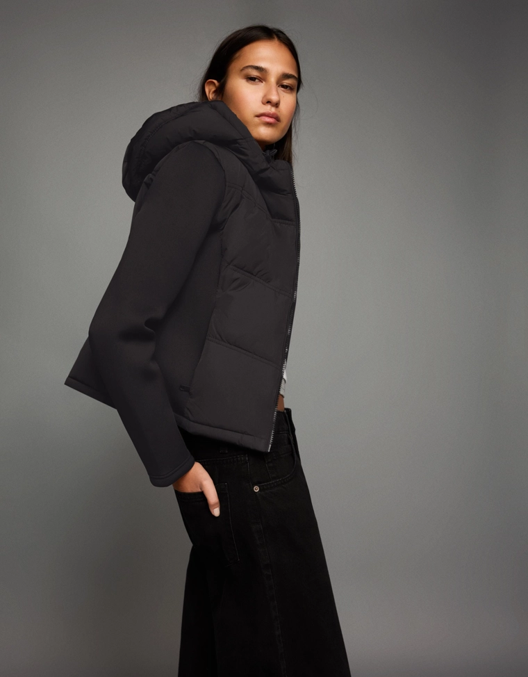 Combined hood jacket with neoprene effect