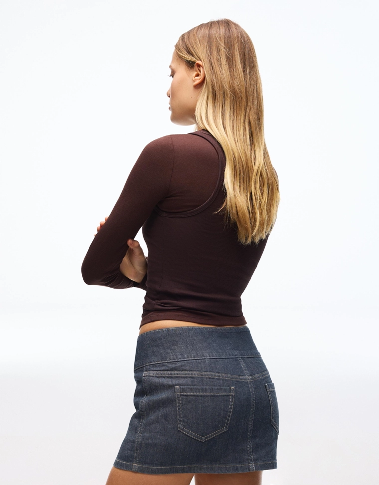 Джинсовые юбка-шорты с завышенной талией