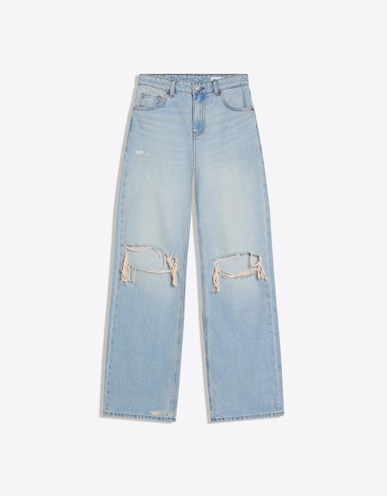 Джинсы свободного кроя с высокой посадкой и разрезами