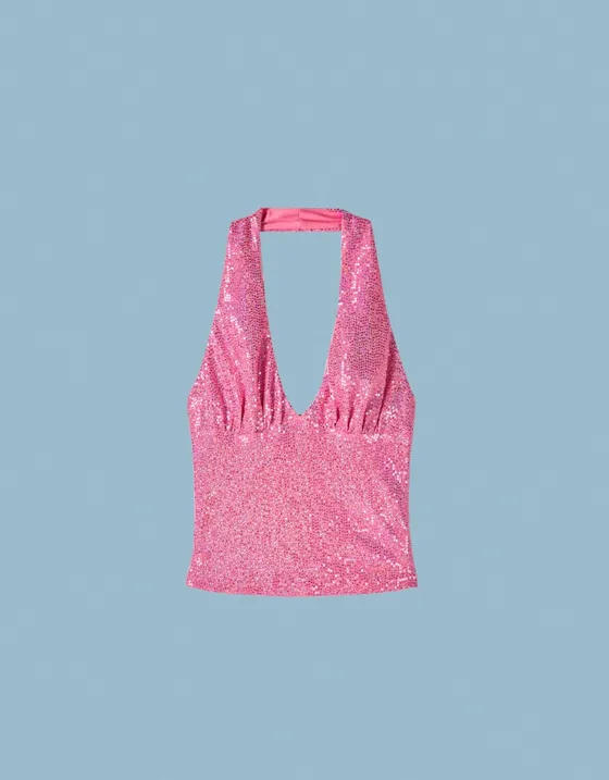 Топ с горловиной халтер и пайетками