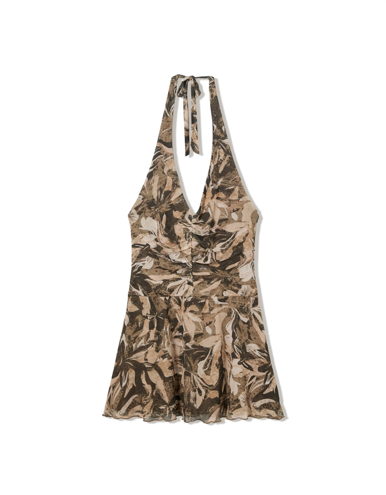 Мини-платье из струящейся ткани с горловиной халтер и принтом