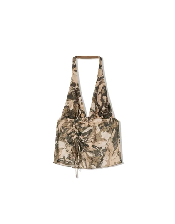 Топ из полупрозрачной ткани с горловиной халтер, принтом и сборкой