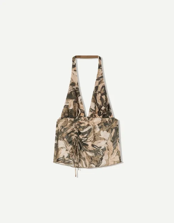 Топ из полупрозрачной ткани с горловиной халтер, принтом и сборкой