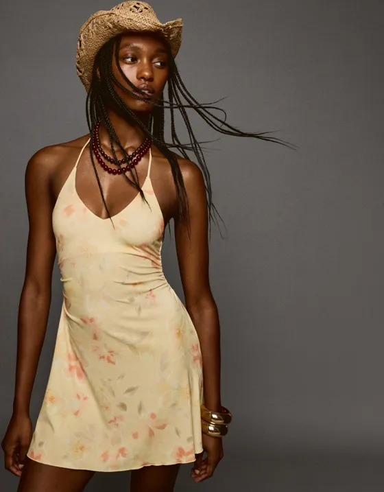 Платье миди с горловиной халтер и принтом