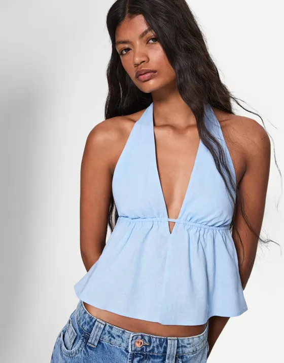 Топ из смесового льна с горловиной-халтер