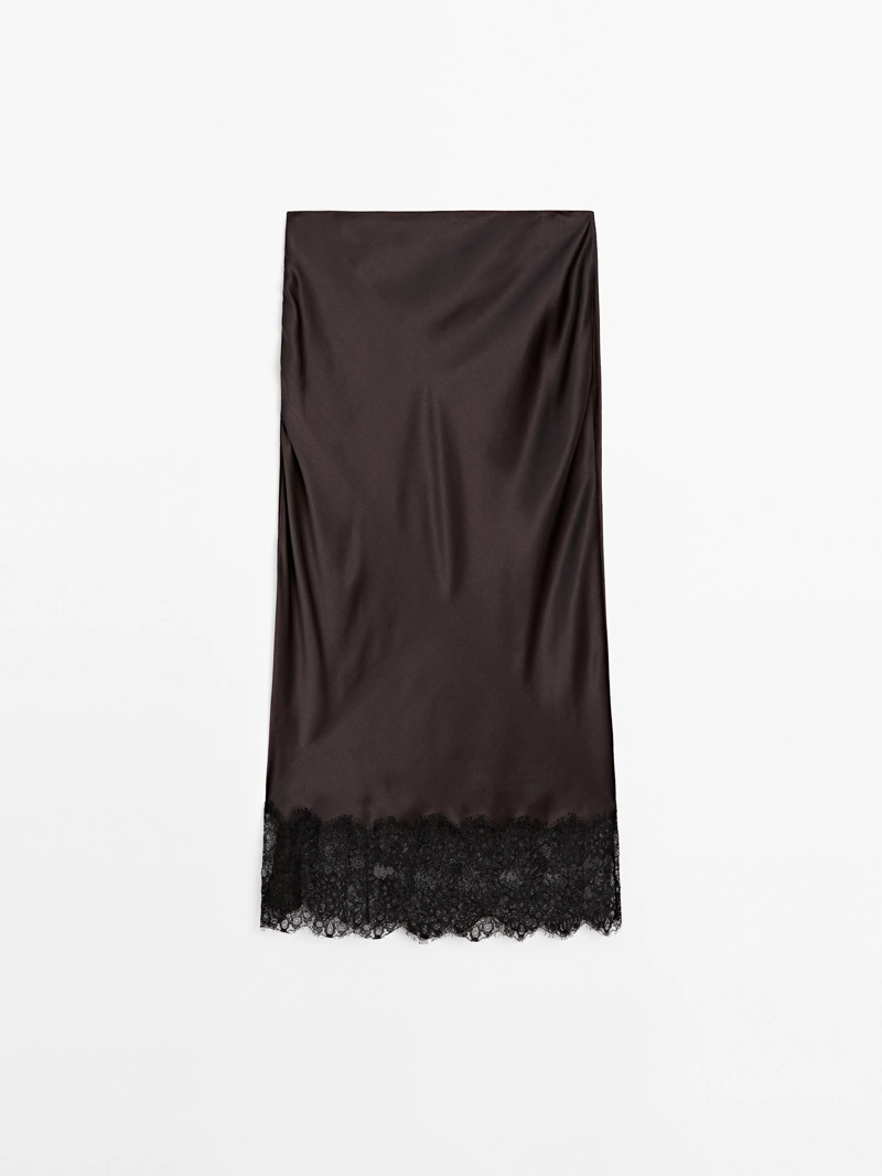 Юбка-миди с атласным блеском и кружевными деталями - studio