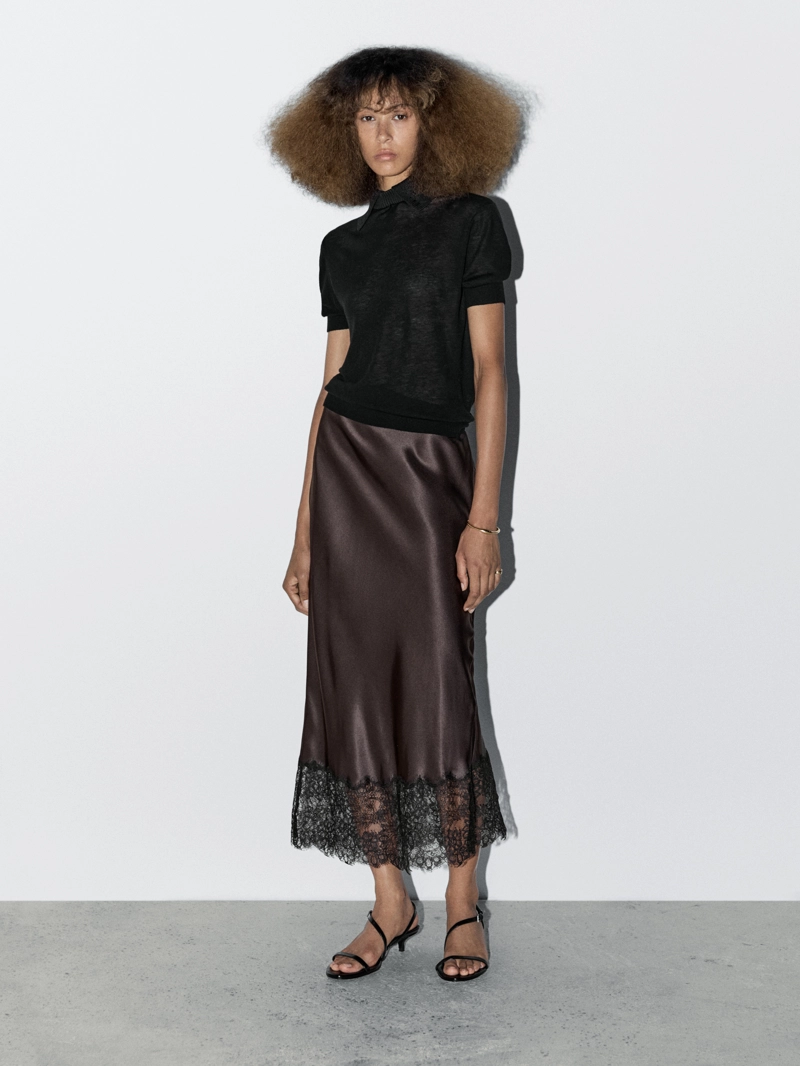Юбка-миди с атласным блеском и кружевными деталями - studio