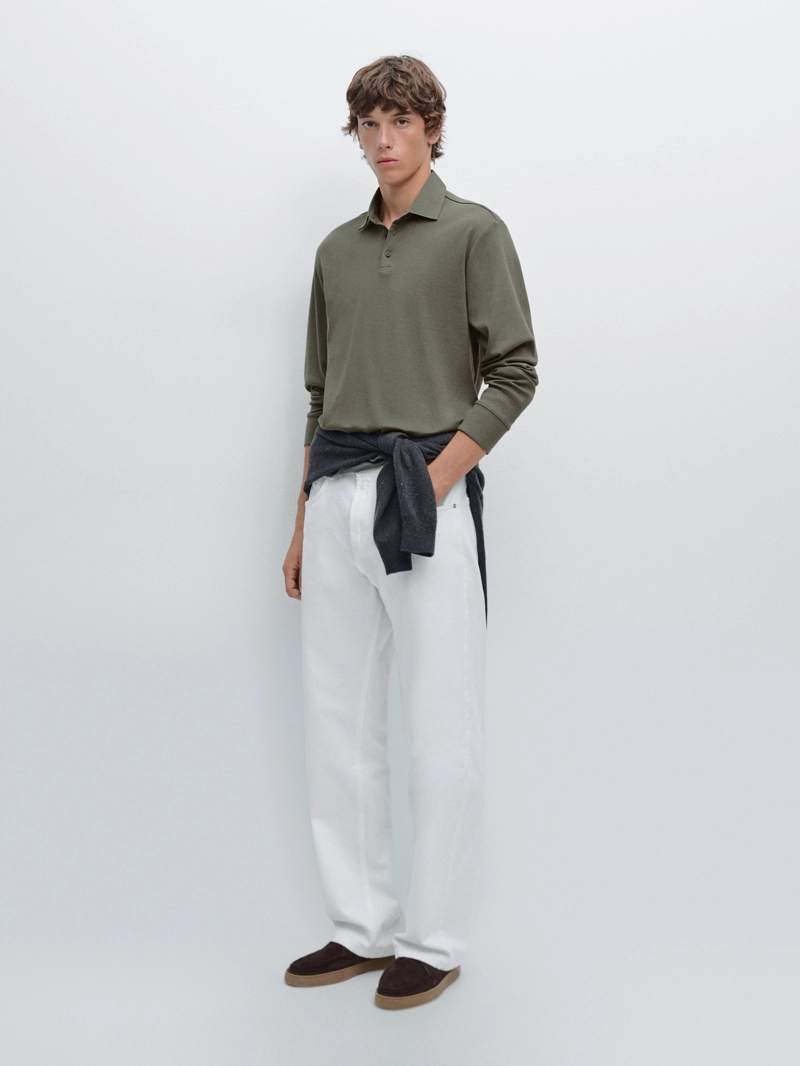 Поло с длинным рукавом и контрастным воротником