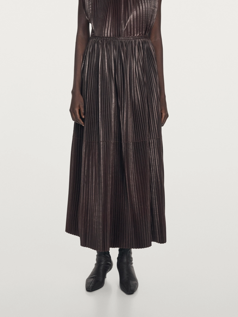 Длинная плиссированная юбка из натуральной кожи нубука - limited
