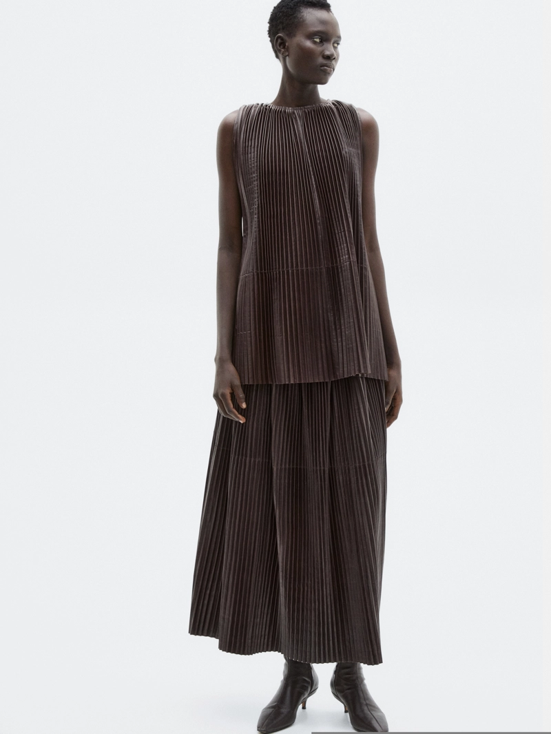 Длинная плиссированная юбка из натуральной кожи нубука - limited