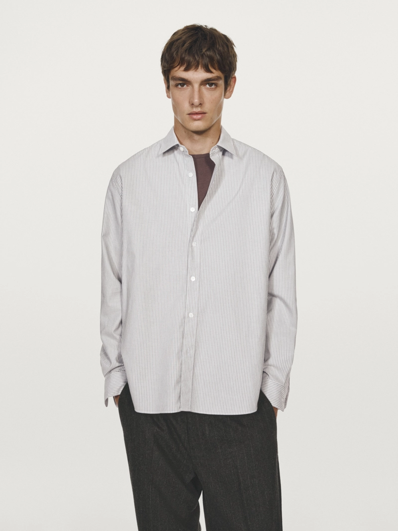Рубашка в полоску regular fit из меланжевой ткани