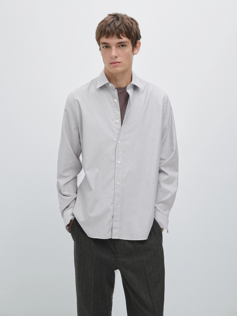 Рубашка в полоску regular fit из меланжевой ткани