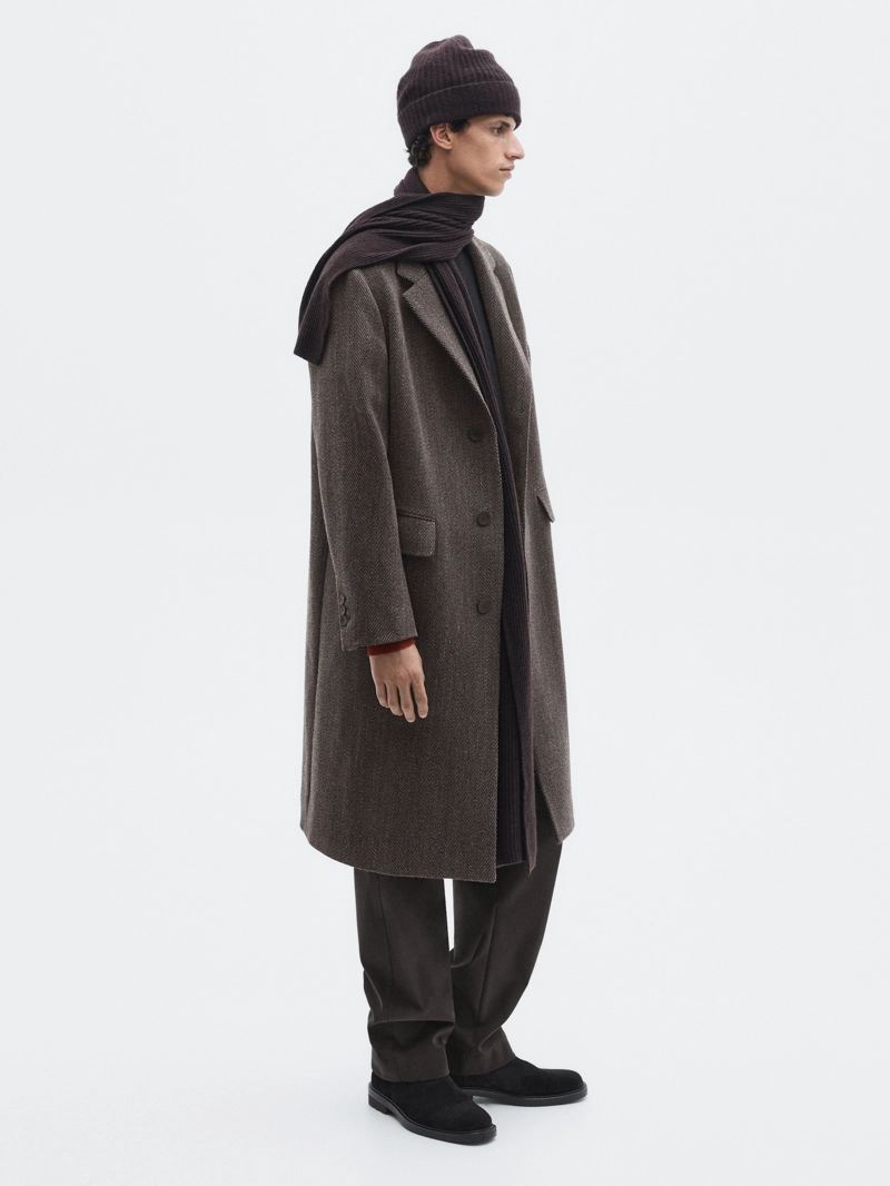 Длинное пальто в мелкую рыбью кость - LIMITED