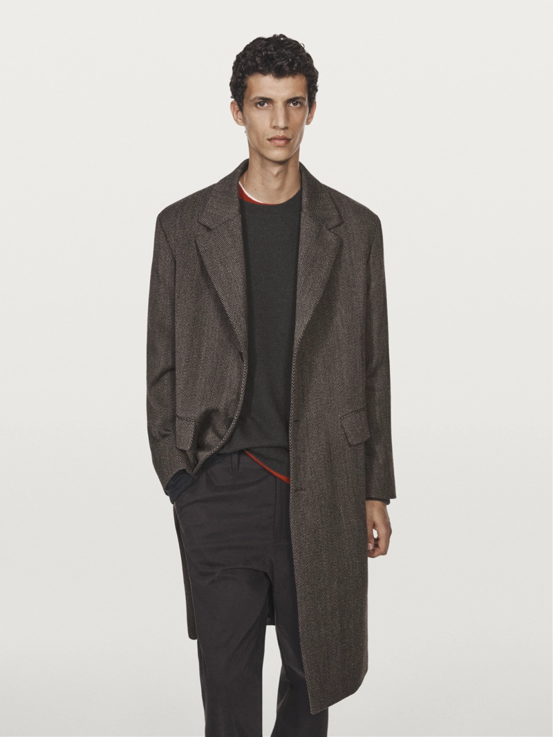 Длинное пальто в мелкую рыбью кость - LIMITED