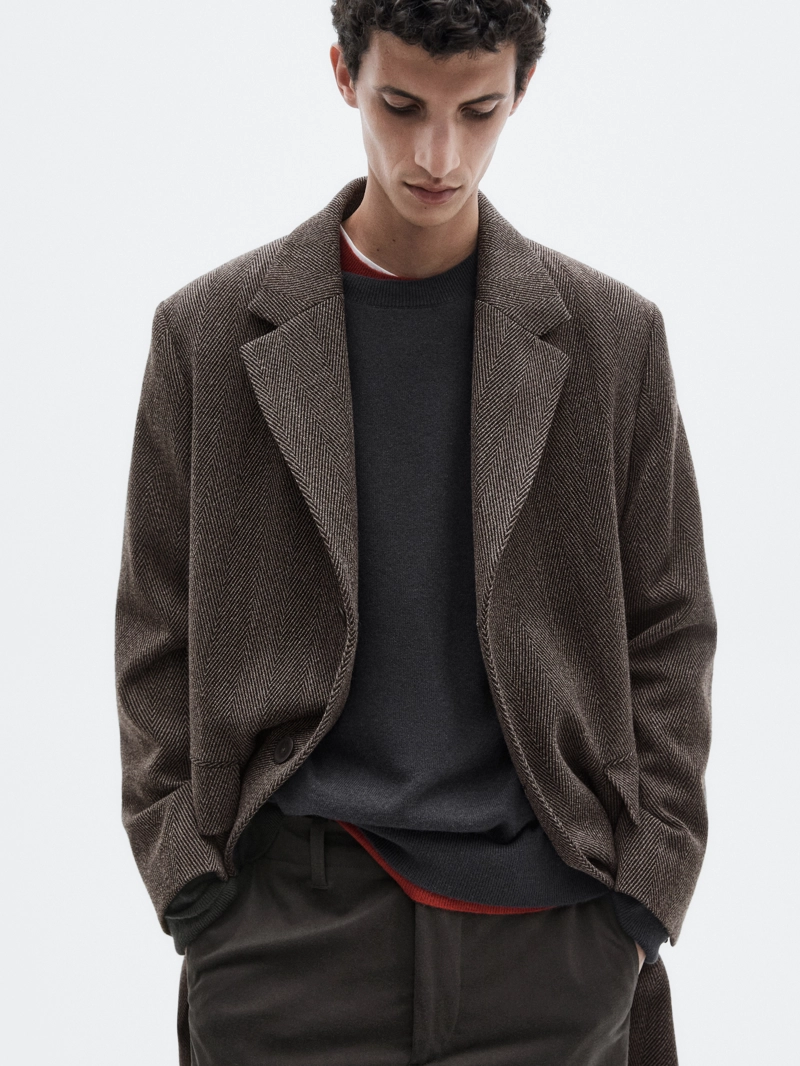 Длинное пальто в мелкую рыбью кость - LIMITED