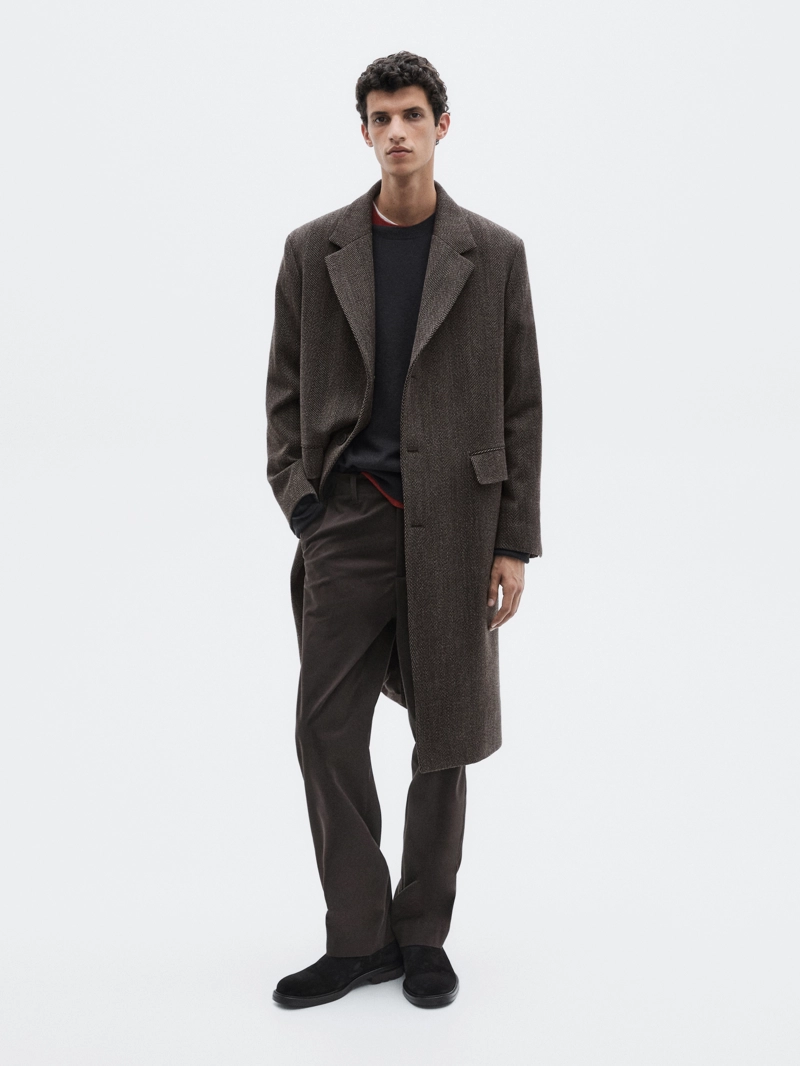 Длинное пальто в мелкую рыбью кость - LIMITED