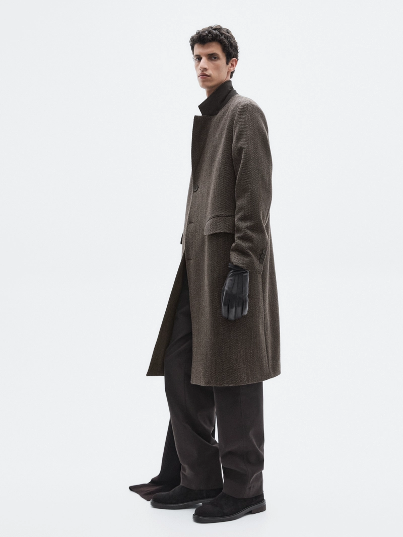 Длинное пальто в мелкую рыбью кость - LIMITED