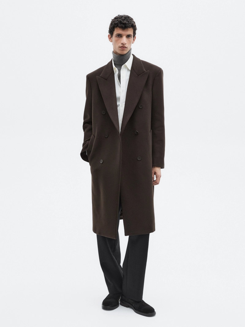 Длинное пальто с двубортной застежкой из шерстяной смеси - limited
