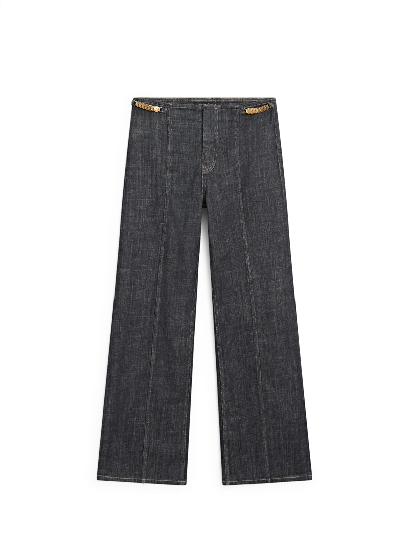 Джинсы с высокой талией и широкими брючинами с цепями