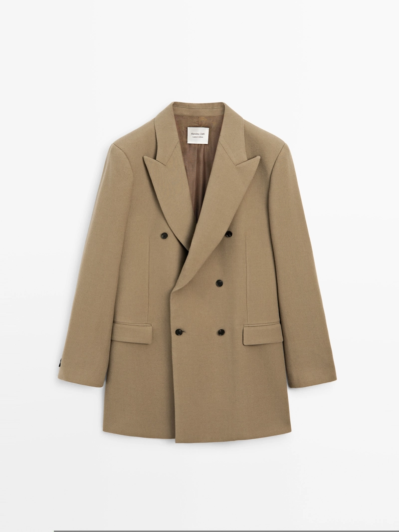 Длинный пиджак с двубортной застежкой из 100% шерсти - limited