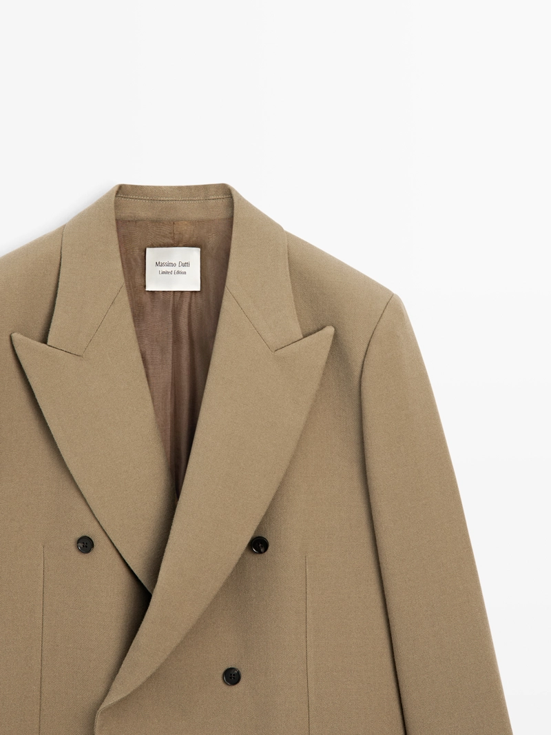Длинный пиджак с двубортной застежкой из 100% шерсти - limited