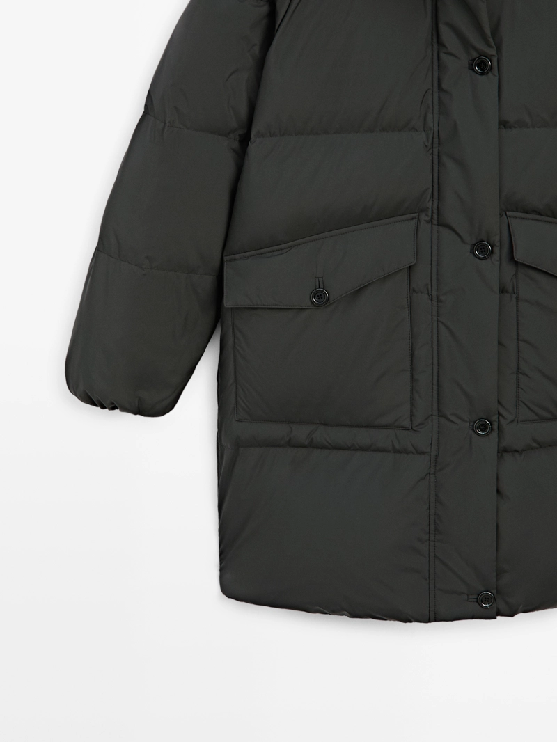 Длинный пуховик с водоотталкивающим воротником