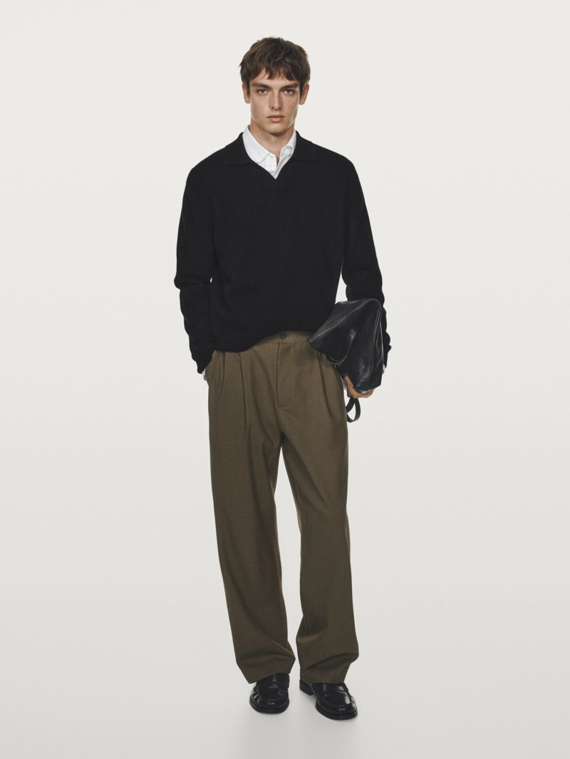 Брюки свободного кроя из шерстяной смеси с защипами