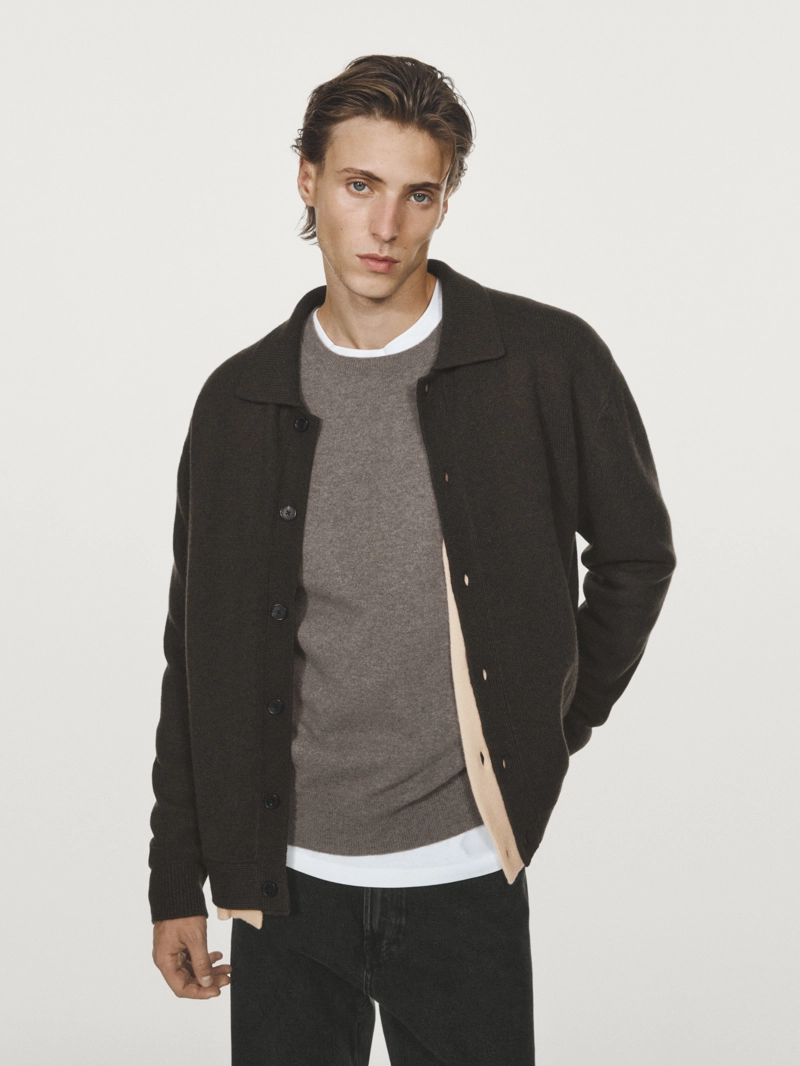 Кардиган из 100% шерсти с воротником-поло