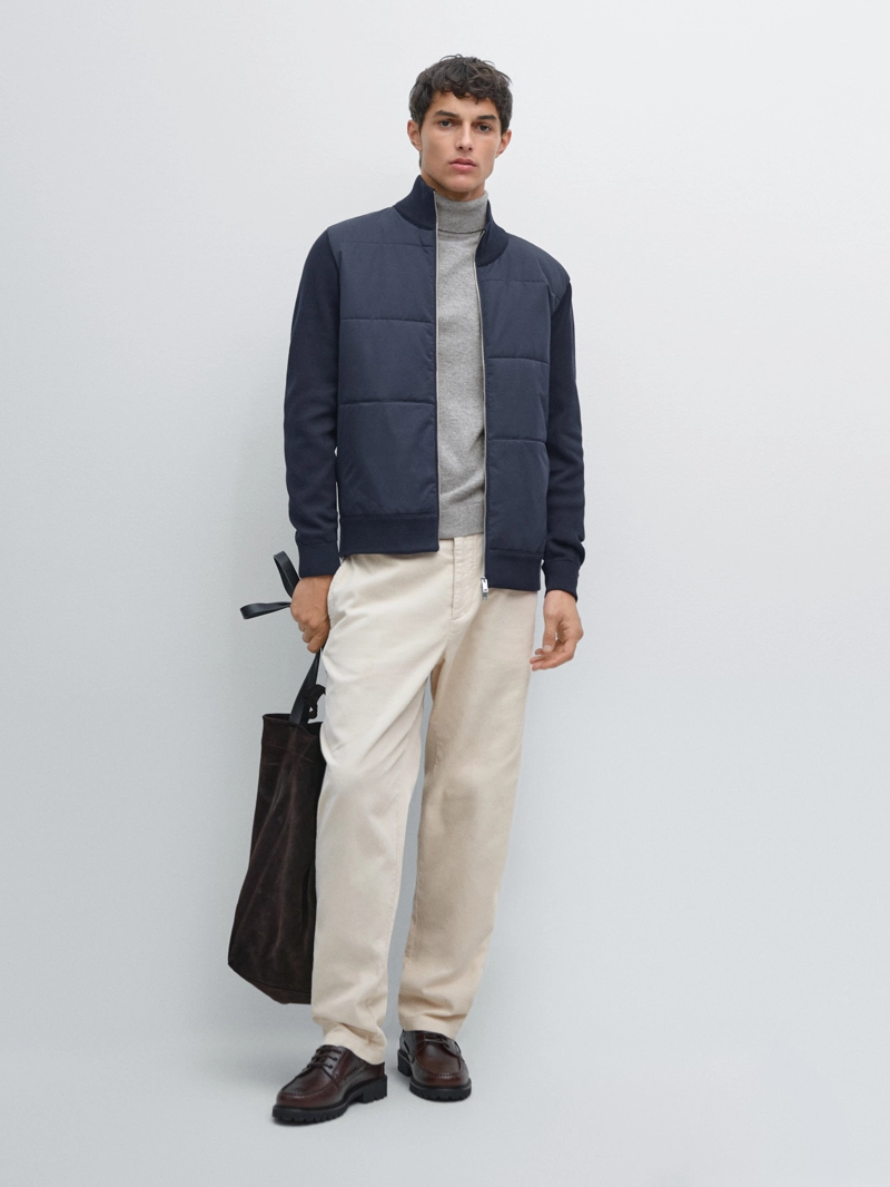 Куртка-пуховик с контрастным вязаным рукавом