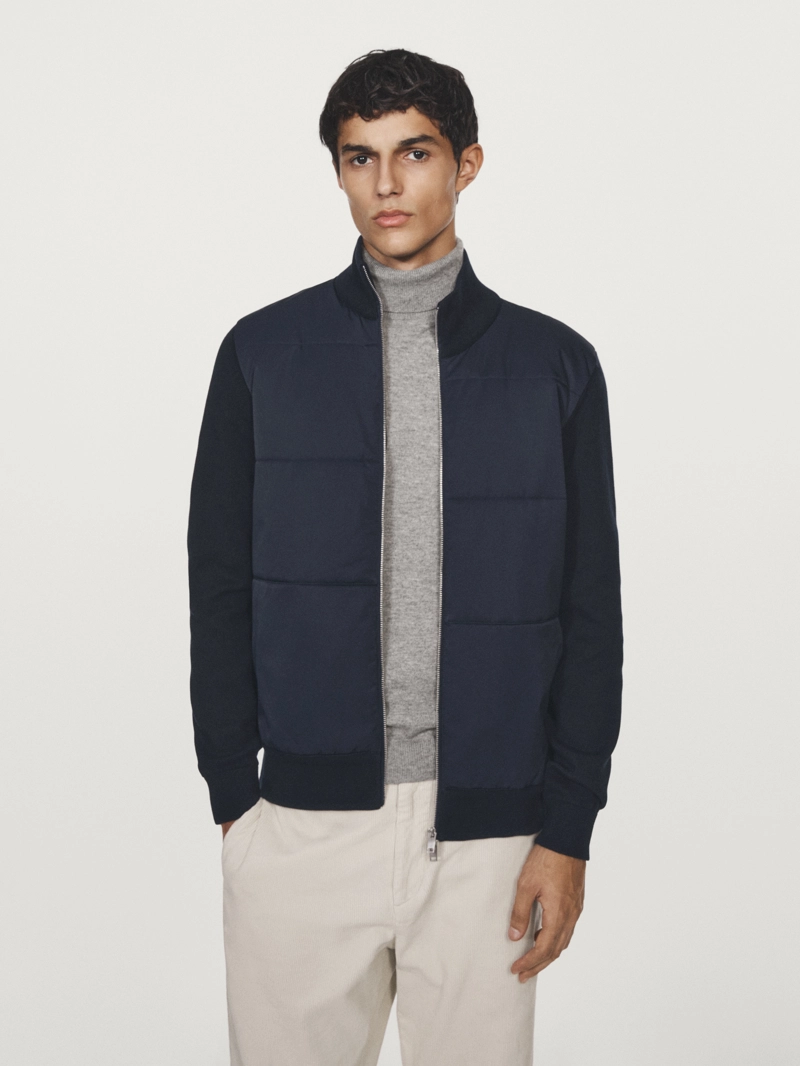 Куртка-пуховик с контрастным вязаным рукавом