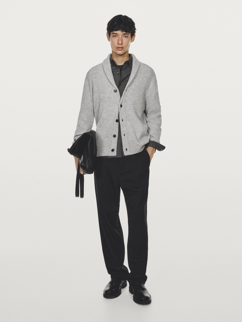 Кардиган из шерстяной смесовой вязаной ткани с воротником