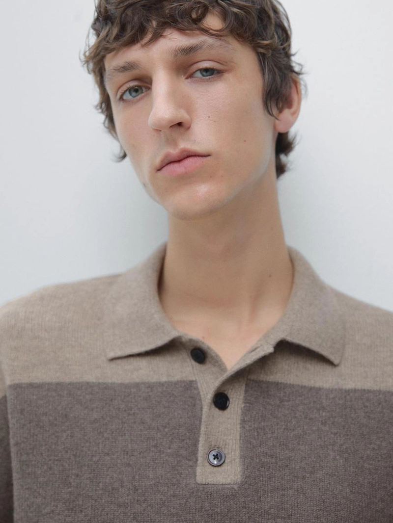 Поло свитер с поло из полосатого шерстяного трикотажа