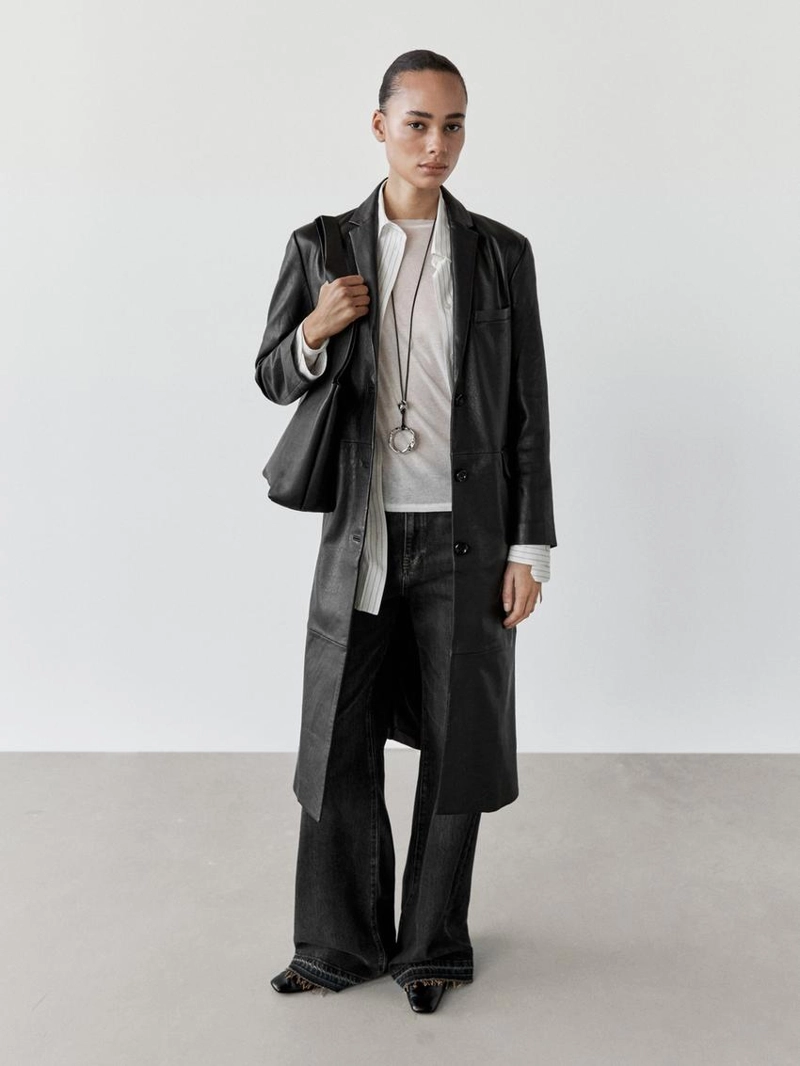 Длинное кожаное пальто из овечьей кожи