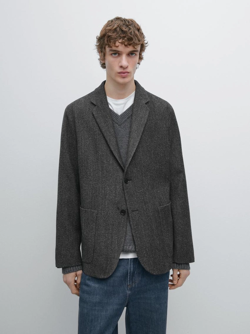 Пиджак из шерстяно-хлопковой смеси в мелком рисунке ёлочка