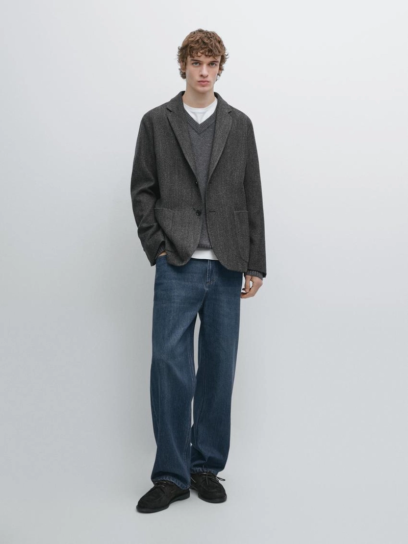 Пиджак из шерстяно-хлопковой смеси в мелком рисунке ёлочка