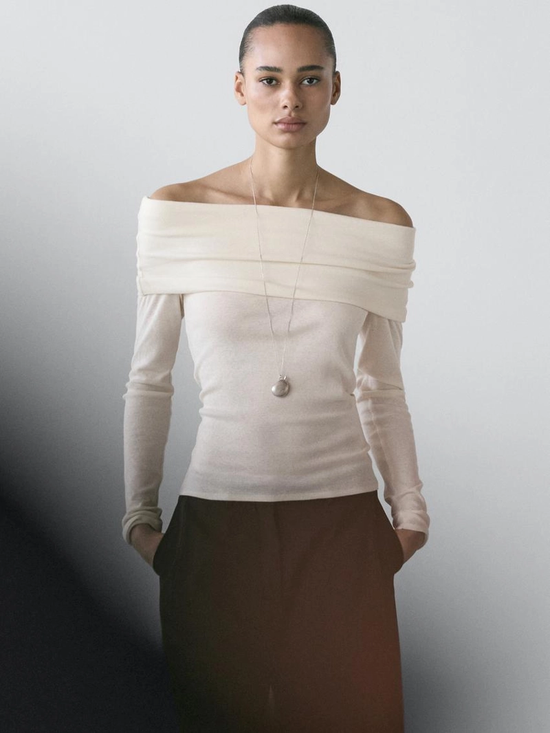 Футболка из хлопкового смесового материала с деталями бандо