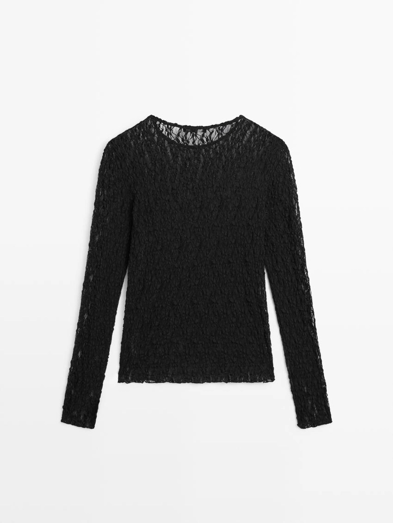 Топ с открытой вязкой, длинными рукавами и кружевом