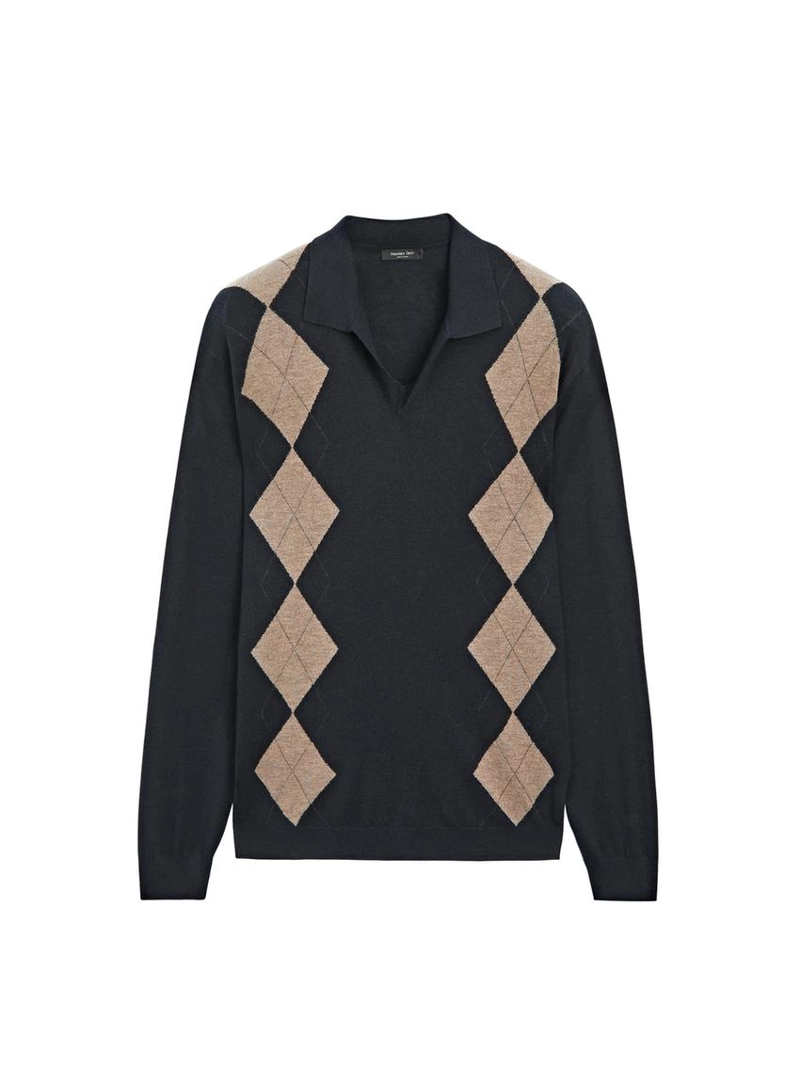 Поло-свитер с воротником-стойкой и узором из алмазной вязки из шерсти