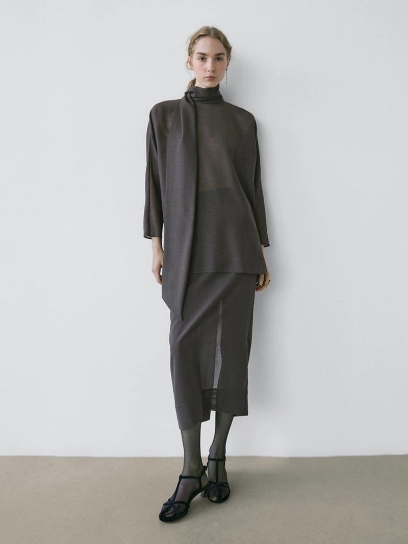 Прямая юбка миди с деталями из прозрачной ткани - studio