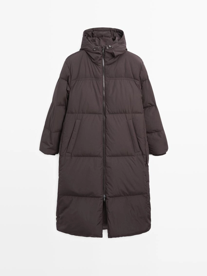 Длинный пуховый плащ с капюшоном, отталкивающий воду