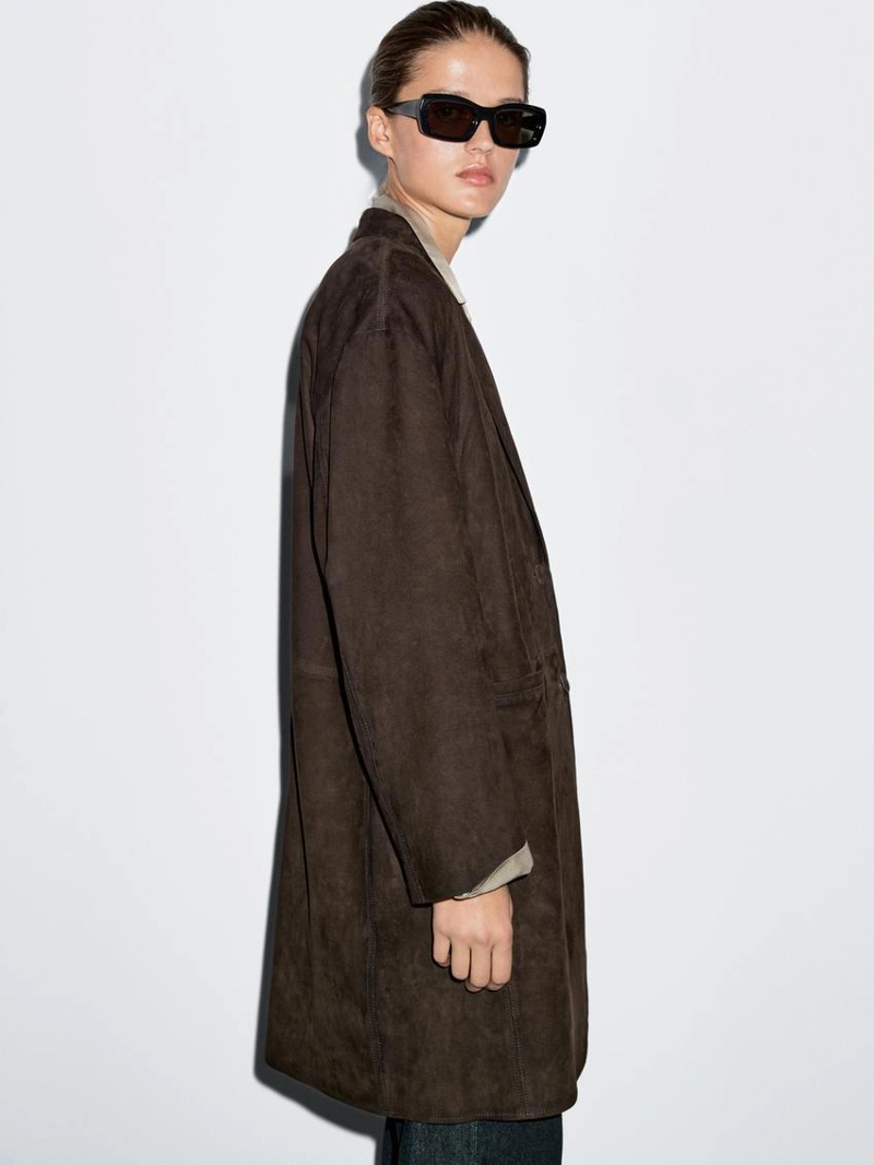 Длинное замшевое кожаное пальто