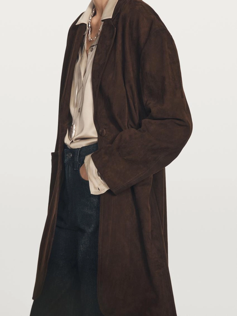 Длинное замшевое кожаное пальто