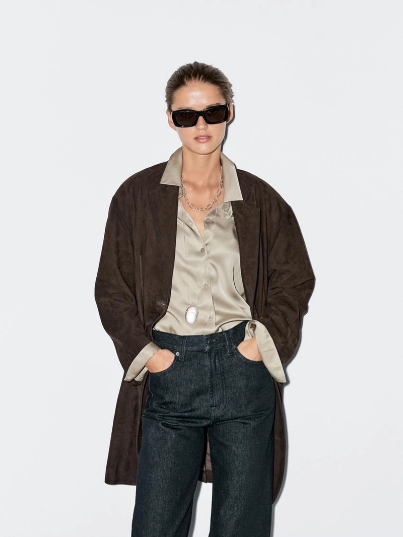 Длинное замшевое кожаное пальто