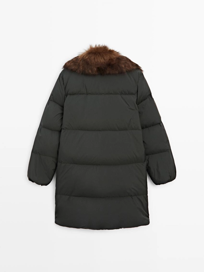 Длинный водоотталкивающий пуховик с воротником