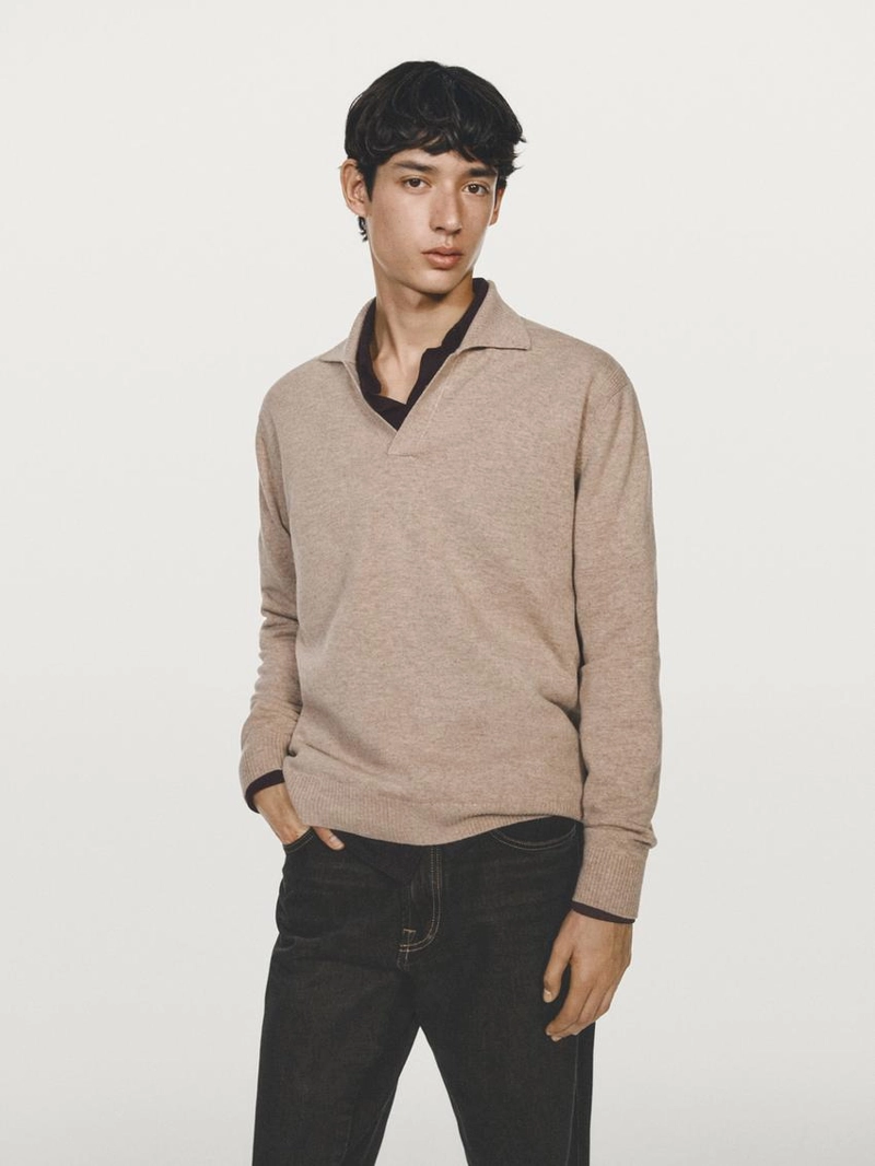 Поло свитер с v-образным вырезом из 100% шерсти