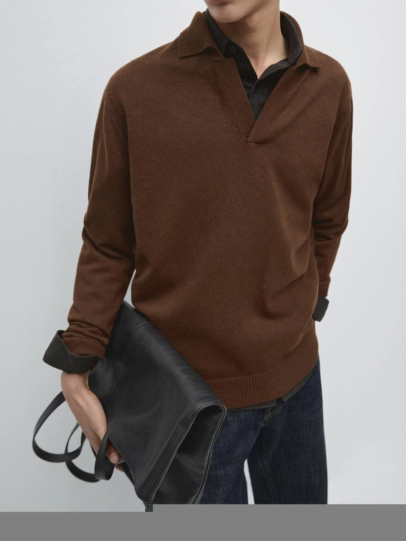 Поло свитер с v-образным вырезом из 100% шерсти