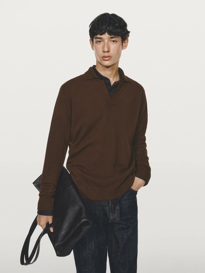 Поло свитер с v-образным вырезом из 100% шерсти