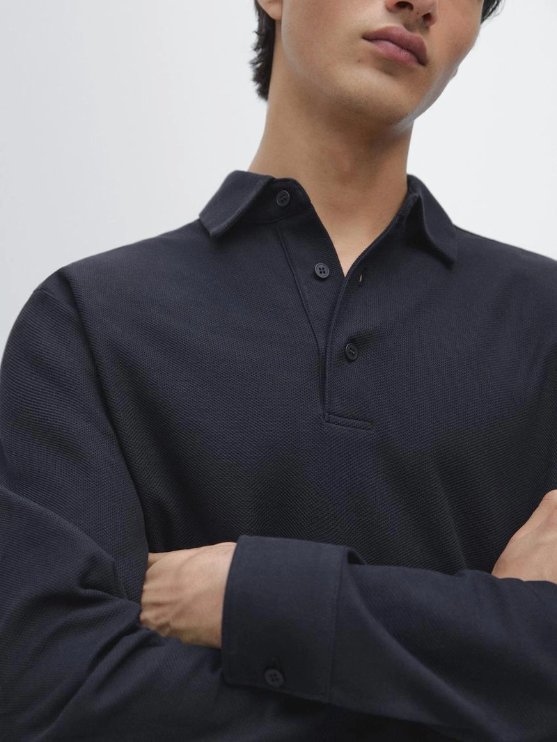 Поло с длинным рукавом из текстурированного пике