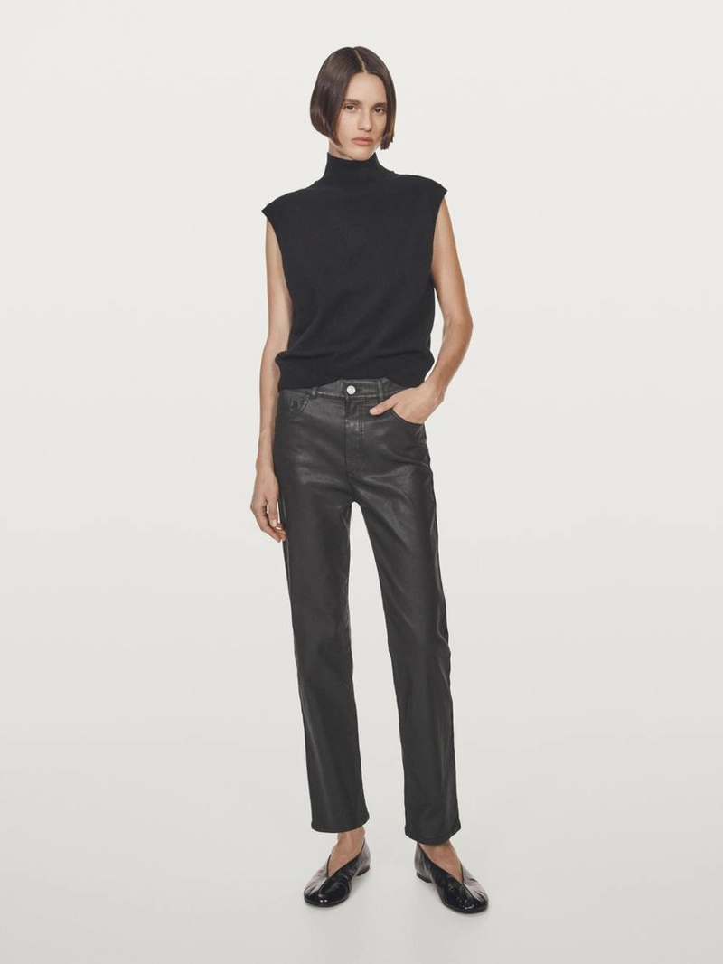 Брюки прямого кроя с высокой посадкой и восковым покрытием